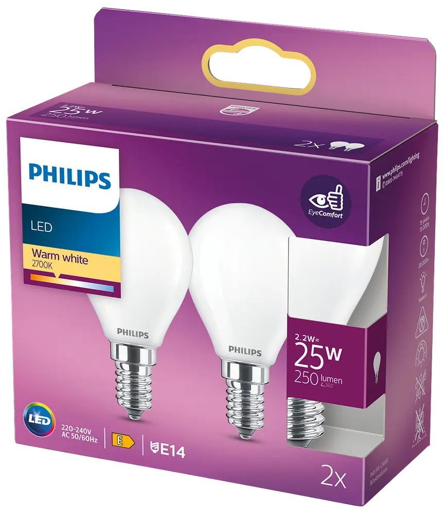 Philips classic LED-pære 2W E14 (2-pakke) billede 2