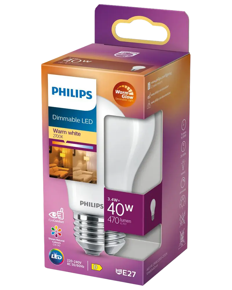 Philips Classic A60 FR LED-pære 3W E27 (gennemsigtig) billede 3