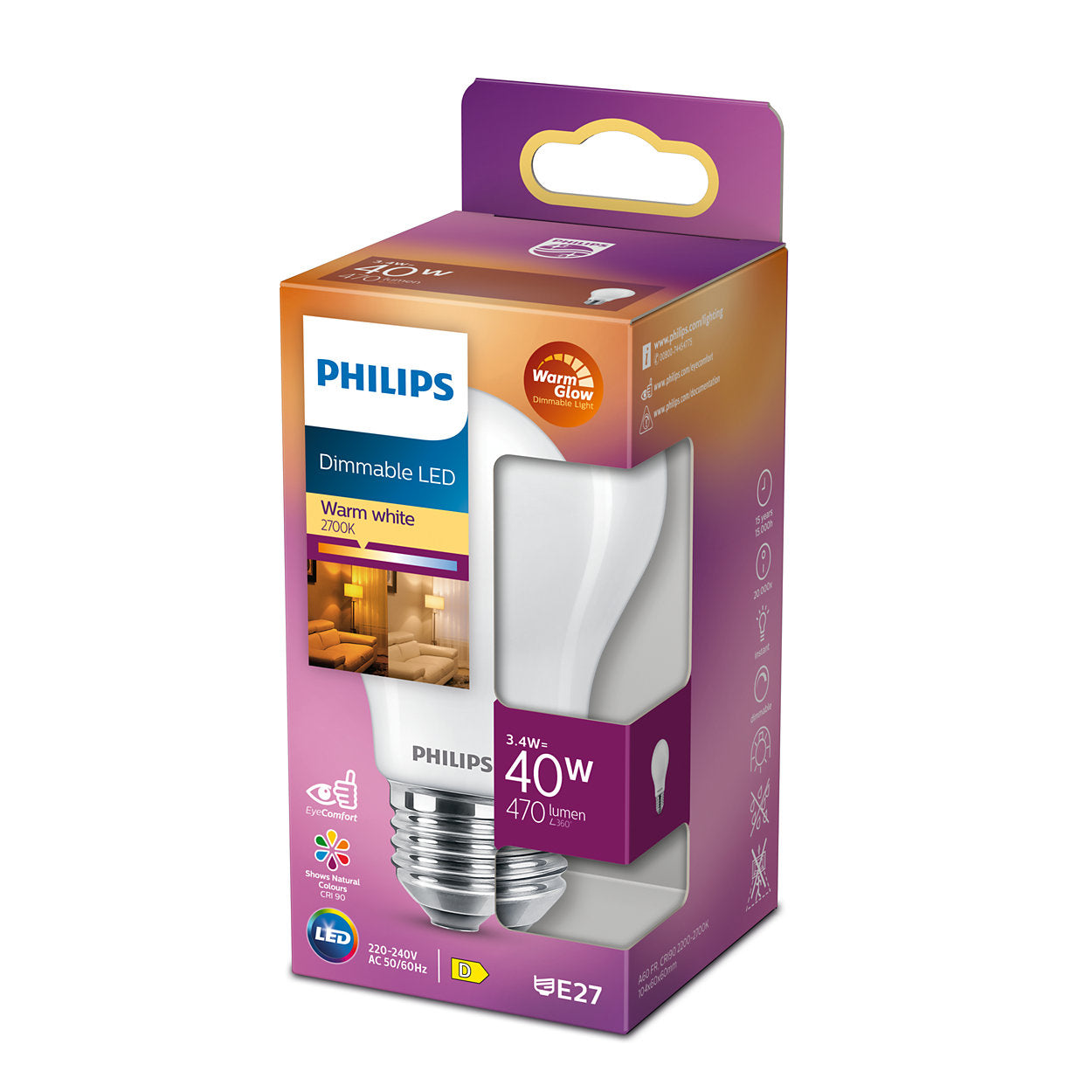 Philips Classic A60 FR LED-pære 3W E27 (gennemsigtig) billede 2