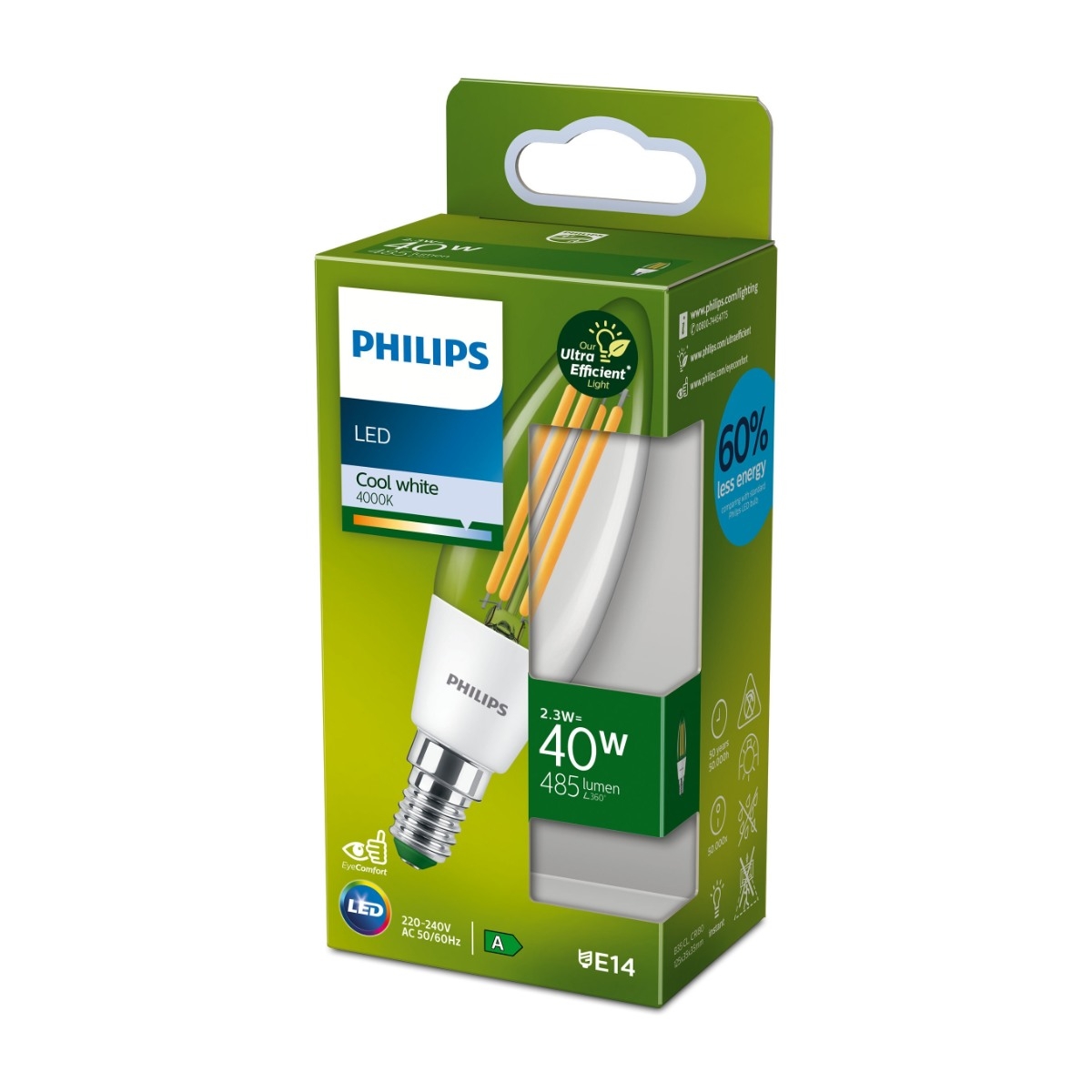 Philips LED pære E14 2,3W 4000K, klart glas billede 2