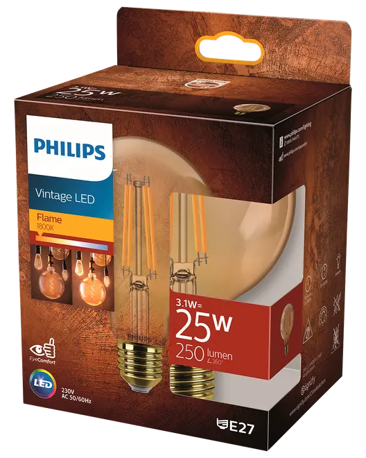 PHILIPS LED-pære filament 3,1W E27 G95 billede 1