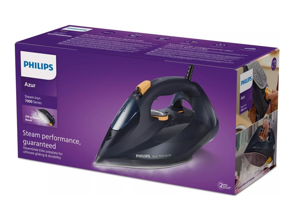 Philips Azur 7000 Series DST7060 - Dampstrygejern med automatisk afbrydelse - såleplade: SteamGlide Elite - 3000 W - mørkeblå/gul billede 1