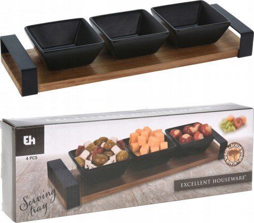 KOOPMAN Užkandžių dubenėlių keraminė juoda ant padėklo 32 cm 4 vnt.