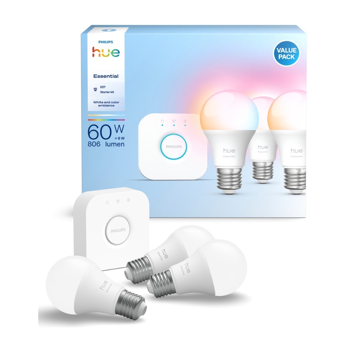 Philips Hue Essentials LED pærer 8W, E27 (3 pak) billede 1
