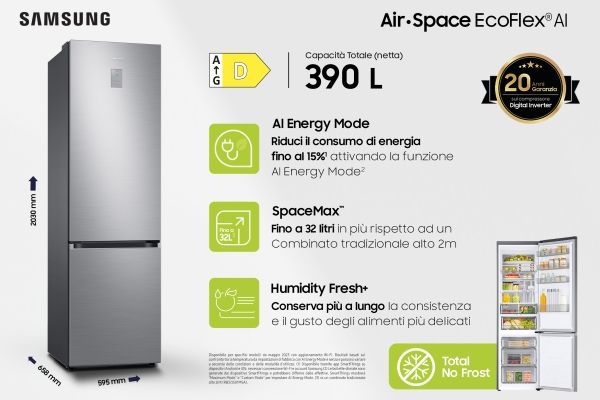 Samsung RB38C776DS9, 390 L, SN-T, 8 kg/24t, D, Frisk zone, aflukke, Rustfrit stål