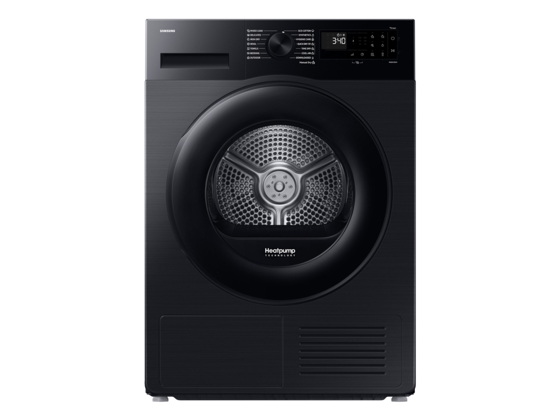 Samsung DV90DG52A0ABLE, Fritstående, Front-læsning, Varmepumpe, Sort, Dreje, Højre