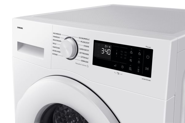 Samsung DV90DG52A0TE, Fritstående, Front-læsning, Varmepumpe, Hvid, Knapper, Dreje, Glasdør