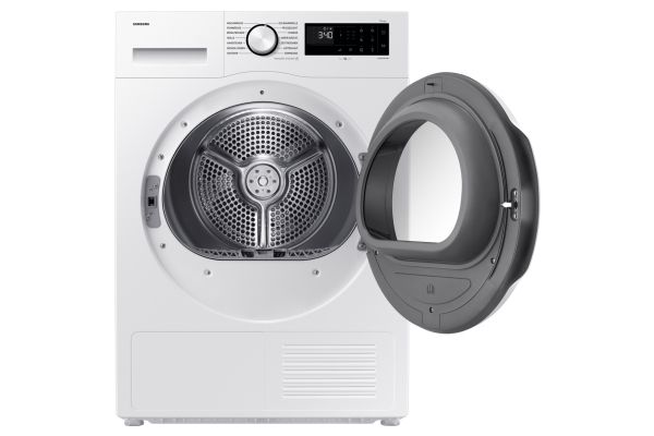 Samsung DV90DG52A0TE, Fritstående, Front-læsning, Varmepumpe, Hvid, Knapper, Dreje, Glasdør