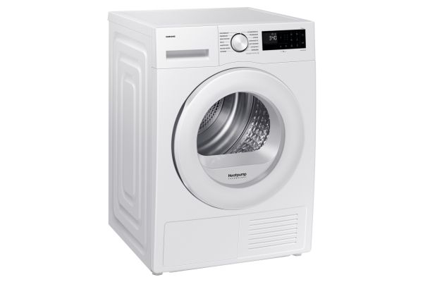 Samsung DV90DG52A0TE, Fritstående, Front-læsning, Varmepumpe, Hvid, Knapper, Dreje, Glasdør
