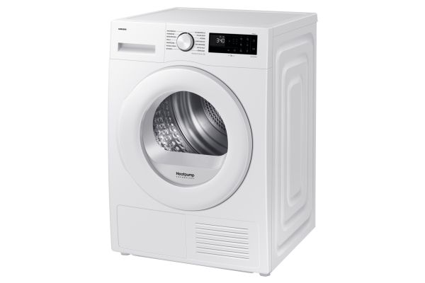 Samsung DV90DG52A0TE, Fritstående, Front-læsning, Varmepumpe, Hvid, Knapper, Dreje, Glasdør