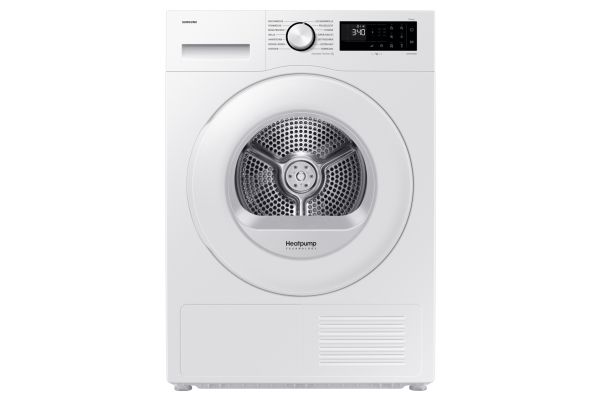 Samsung DV90DG52A0TE, Fritstående, Front-læsning, Varmepumpe, Hvid, Knapper, Dreje, Glasdør