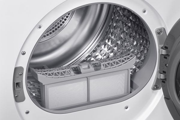 Samsung DV90DG52A0TE, Fritstående, Front-læsning, Varmepumpe, Hvid, Knapper, Dreje, Glasdør